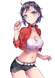 Rule 34 | 1girl, ahoge, bandeau, belt, black choker, black hair, black shorts, blue eyes, breasts, choker, cleavage, collarbone, cowboy shot, crop top, cropped jacket, hair ornament, hairclip, hand up, jacket, large breasts, long sleeves, looking at viewer, midriff, navel, open clothes, open jacket, original, red jacket, ryuinu, shirt, short hair, short shorts, shorts, side slit, simple background, smile, solo, stomach, thighs, white background, white shirt