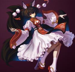 Rule 34 | 1girl, absurdres, alternate costume, animal ears, black background, black hair, closed mouth, commentary, commission, dress, english commentary, frilled dress, frills, full body, geta, hat, highres, long sleeves, looking at viewer, nezo, pom pom (clothes), red eyes, red footwear, red hat, shameimaru aya, short hair, simple background, smile, socks, solo, tabard, tengu-geta, tokin hat, touhou, touhou lostword, white dress, white socks, wide sleeves