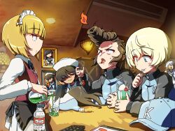 Rule 34 | 6+girls, absurdres, apron, bar (place), bartender, baseball cap, black apron, black bow, black bowtie, black coat, black hair, black neckerchief, blonde hair, blue headwear, blue jacket, blunt bangs, bob cut, bottle, bow, bowtie, brown hair, brown vest, cherry, closed eyes, coat, commentary request, commission, constricted pupils, controller, cup, cutlass (girls und panzer), dark-skinned female, dark skin, dixie cup hat, dress shirt, drinking glass, elbow rest, fire, flint (girls und panzer), food, frilled apron, frills, frown, fruit, girls und panzer, grey hair, hair bow, hair over one eye, hat, highres, holding, holding microphone, indoors, isuzu hana, jacket, keizoku military uniform, kuroneko douji, leaning forward, light frown, long coat, long hair, long sleeves, looking at another, maid headdress, microphone, mika (girls und panzer), mikko (girls und panzer), military hat, military jacket, miniskirt, multiple girls, music, neckerchief, ogin (girls und panzer), on table, ooarai naval school uniform, ooarai school uniform, open clothes, open coat, open mouth, partial commentary, picture frame, pixiv commission, pleated skirt, pompadour, pouring, raglan sleeves, red bow, remote control, school uniform, serafuku, shirt, short hair, shot glass, singing, sitting, skirt, standing, table, textless version, tulip hat, unworn headwear, vest, waist apron, white hair, white headwear, white shirt, white skirt, wing collar, yellow eyes, youko (girls und panzer), yuri (girls und panzer)