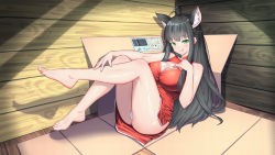 Rule 34 | 1girl, absurdres, ahoge, animal ear fluff, animal ears, azur lane, barefoot, black hair, blush, box, braid, breasts, cardboard box, cat ears, character request, cleavage, cleavage cutout, clothing cutout, dress, feet, green eyes, hand on own chest, hand on own leg, highres, large breasts, legs up, long hair, looking at viewer, panties, red dress, sidelocks, solo, toes, underwear, very long hair, white panties, wooden floor, wooden wall, xiaoxi0619