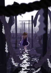 Rule 34 | 1girl, absurdres, animal, blonde hair, brown hat, chinese commentary, commentary, facing away, fog, from behind, hat, highres, ln (xhds7875), long hair, long sleeves, mishaguji, moriya suwako, oversized animal, purple skirt, purple vest, rope, shide, shimenawa, shirt, skirt, skirt set, sleeves past fingers, sleeves past wrists, snake, solo, torii, touhou, vest, wading, water, white shirt, wide shot, wide sleeves
