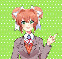 Rule 34 | 1girl, :d, alternate hairstyle, blush, brown hair, commentary, doki doki literature club, double bun, english commentary, eyes visible through hair, green background, green eyes, hair between eyes, hair ribbon, index finger raised, looking at viewer, monika (doki doki literature club), open mouth, polka dot, polka dot background, ribbon, savi (byakushimc), school uniform, smile, solo, upper body, white ribbon