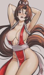 Rule 34 | 1girl, areola slip, armpits, arms behind head, arms up, artist logo, breasts, brown eyes, brown hair, cleavage, covered erect nipples, eldiablito 186, fatal fury, female focus, highres, large breasts, long hair, looking at viewer, matching hair/eyes, ninja, open mouth, pelvic curtain, ponytail, revealing clothes, shiranui mai, sideboob, teeth, the king of fighters, tongue, upper teeth only, wide hips
