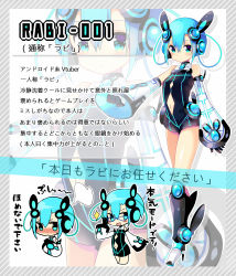 Rule 34 | 1girl, android, animal ears, bespectacled, blue-framed eyewear, blush, boots, character name, character sheet, chibi, chibi inset, clothing cutout, crossed arms, detached sleeves, earphones, expressionless, fake animal ears, glasses, gloves, highres, ikari (aor3507), knee boots, leotard, looking at viewer, multiple views, navel, navel cutout, original, short hair, sparkle, steam, translation request, virtual youtuber, zoom layer