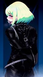 Rule 34 | 1boy, absurdres, armbinder, ball gag, bdsm, bondage, bound, catsuit, drawfagmona, from behind, gag, gagged, green hair, highres, latex, leather, lio fotia, looking back, male focus, promare, purple eyes, short hair with long locks, solo