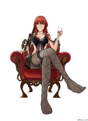 Rule 34 | 1girl, absurdres, armchair, artist name, bare shoulders, black nightgown, bolt action, breasts, chair, character request, cleavage, collarbone, crossed legs, cup, drinking glass, fishnet pantyhose, fishnets, full body, girls&#039; frontline, gun, highres, holding, holding cup, holding gun, holding weapon, long hair, looking at viewer, matsu arts, medium breasts, nightgown, no shoes, open mouth, pantyhose, parted lips, red eyes, red hair, rifle, sitting, sniper rifle, solo, twitter username, weapon, white background, wine glass