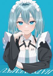 Rule 34 | 1girl, alternate costume, blue background, blue eyes, blue hair, blush, character name, commentary, detached collar, elbow rest, enmaided, harness, hatsune miku, head on hand, head rest, highres, juliet sleeves, long hair, long sleeves, looking at viewer, maid, maid headdress, nail polish, puffy sleeves, smile, solo, straight-on, twintails, vocaloid, wanko (yurika0320)