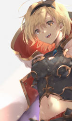 Rule 34 | 1girl, :d, black hairband, blonde hair, breasts, brown eyes, cleavage, cleavage cutout, clothing cutout, conqueror of the eternals, djeeta (granblue fantasy), earrings, granblue fantasy, grey background, groin, hair between eyes, hair intakes, hairband, highres, jewelry, laz (ackf3885), looking at viewer, medium breasts, midriff, navel, open mouth, short hair, smile, solo, stomach, upper body
