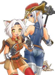 Rule 34 | 00s, 2boys, 2girls, animal ears, ass, axe, blue eyes, cat ears, cat girl, cat tail, ebifly, elf, elvaan, final fantasy, final fantasy xi, hat, headband, mithra (ff11), multiple boys, multiple girls, pointy ears, red mage (final fantasy), tail, thighhighs, weapon, wedgie, white hair, yellow eyes, zettai ryouiki