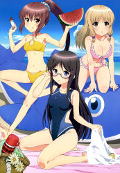 Rule 34 | 10s, 3girls, :p, absurdres, adjusting eyewear, all fours, barefoot, beach, bikini, black hair, blonde hair, blue eyes, blue one-piece swimsuit, blue sky, blush, bow, breasts, brown eyes, brown hair, cleavage, cloud, collarbone, competition swimsuit, covered navel, criss-cross halter, day, endou rino, feet, food, frilled bikini, frills, front-tie top, fruit, glasses, hair bow, hair ornament, hairclip, halterneck, hand on eyewear, highleg, highleg swimsuit, highres, jinsei, kujou fumi, large breasts, legs, long hair, medium breasts, mole, multiple girls, navel, non-web source, nyantype, ocean, official art, one-piece swimsuit, outdoors, pink one-piece swimsuit, ponytail, purple ribbon, red eyes, ribbon, scrunchie, seiza, sitting, sky, small breasts, suzuki ikumi (jinsei), swimsuit, toes, tongue, tongue out, towel, twintails, very long hair, water, watermelon, yellow bikini