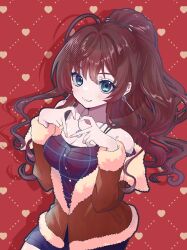 1girl 4-finger_heart_hands ahoge bare_shoulders blue_eyes blush breasts brown_hair commission earrings fur_trim heart heart_hands heart_print ichinose_shiki idolmaster idolmaster_cinderella_girls jacket jewelry long_hair looking_at_viewer medium_breasts off_shoulder skeb_commission smile solo wavy_hair yamuimo