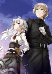 Rule 34 | 1boy, 1girl, animal ears, ayakura juu, belt, black coat, black gloves, coat, commentary request, dress, gloves, grey hair, highres, long hair, looking afar, looking at another, myuri (spice and wolf), official art, outdoors, ponytail, red eyes, shinsetsu spice and wolf, sky, smile, spice and wolf, sword, tail, tote col, weapon, white dress, white gloves, wolf ears, wolf girl, wolf tail