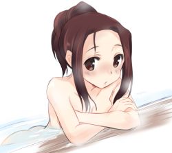 Rule 34 | 10s, 1girl, abenattou, alternate hairstyle, bad id, bad pixiv id, bath, bathing, blush, brown eyes, brown hair, covering privates, girls und panzer, hair up, looking at viewer, nude, saemonza (girls und panzer), sketch, solo, unusually open eyes, upper body
