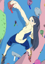 Rule 34 | 10s, 1girl, black hair, blue eyes, denim, glasses, highres, jeans, keisan, loafers, long hair, outstretched arms, pants, rimless eyewear, rock climbing, saitou kaede (yama no susume), shirt, shoe soles, shoes, short sleeves, solo, t-shirt, yama no susume