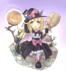 Rule 34 | 1girl, blonde hair, broom, cape, duel monster, hat, horns, lolita fashion, normaland, pumpkin, solo, witch hat, witch of the ghostrick, yellow eyes, yu-gi-oh!, yu-gi-oh! duel monsters