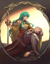 Rule 34 | 1boy, 1girl, ahoge, aqua eyes, aqua hair, armor, breastplate, breasts, cape, cloak, closed eyes, closed mouth, earrings, eirika (fire emblem), fire emblem, fire emblem: the sacred stones, highres, holding, holding sword, holding weapon, jewelry, light, long hair, looking away, looking down, lyon (fire emblem), medium breasts, nintendo, nishiki areku, parted lips, pauldrons, picture frame, profile, purple cape, purple hair, red shirt, shirt, short sleeves, shoulder armor, sidelocks, signature, sword, very long hair, weapon, yellow cape