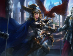 Rule 34 | 1girl, 2others, absurdres, animal on arm, armor, bird, bird on arm, blonde hair, blue cape, cape, castle, cloak, closed mouth, fantasy, full armor, green eyes, hair between eyes, helmet, highres, knight, looking at viewer, medium hair, multiple others, original, scenery, sheath, standing, sword, weapon, y.m