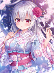 Rule 34 | 1girl, :o, albino, blue kimono, blue umbrella, blurry, blurry foreground, blush, breasts, commentary request, depth of field, floral print, flower, frilled kimono, frilled sleeves, frills, hair between eyes, hair flower, hair ornament, hair rings, holding, holding umbrella, japanese clothes, kimono, long hair, long sleeves, looking at viewer, medium breasts, mitsuba choco, obi, oil-paper umbrella, original, parted lips, petals, pink flower, pink rose, print kimono, red eyes, red flower, red rose, rose, sash, silver hair, solo, umbrella, upper body, very long hair, wide sleeves
