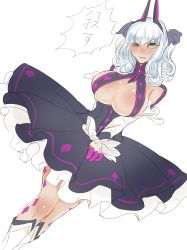 Rule 34 | 1girl, absurdres, aqua eyes, blush, boots, breasts, carmilla (fate), cosplay, curly hair, detached sleeves, dress, elizabeth bathory (fate), elizabeth bathory (fate), embarrassed, fate/extra, fate/extra ccc, fate/grand order, fate (series), frills, grey hair, hair ornament, highres, horns, lancer (fate/extra ccc) (cosplay), long hair, open mouth