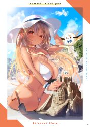 Rule 34 | 1girl, alternate costume, beach, bikini, blonde hair, blue sky, blush, breasts, character name, cleavage, closed mouth, cloud, cloudy sky, commentary, copyright name, criss-cross halter, dark-skinned female, dark skin, day, elfriend (shiranui flare), frilled cuffs, full body, hair between eyes, halterneck, hand on headwear, hat, highres, hololive, large breasts, light rays, long hair, looking at viewer, multicolored hair, navel, nidaime (doronbo), outdoors, page number, pointy ears, red eyes, sand castle, sand sculpture, shiranui flare, shovel, side-tie bikini bottom, sitting, sky, smile, solo, stomach, streaked hair, string bikini, sun hat, sunlight, swimsuit, two-tone hair, virtual youtuber, white bikini, white hair, white hat, wrist cuffs