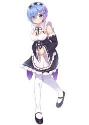 Rule 34 | 1girl, apron, bare shoulders, black dress, blue eyes, blue hair, blush, breasts, cleavage, commentary request, detached sleeves, dress, flower, frilled dress, frilled sleeves, frills, full body, hair flower, hair ornament, hair over one eye, hairclip, highres, kanekan, leg up, looking at viewer, maid, medium breasts, own hands together, pantyhose, pink ribbon, re:zero kara hajimeru isekai seikatsu, rem (re:zero), ribbon, short hair, simple background, smile, solo, standing, standing on one leg, thighhighs, waist apron, white background, white pantyhose, wide sleeves, x hair ornament