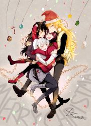 Rule 34 | 4girls, artist name, black hair, blake belladonna, blonde hair, blush, boots, candy, candy cane, confetti, cookie, cross-laced footwear, closed eyes, food, grey footwear, grin, hat, highres, hug, kuma (bloodycolor), lace-up boots, merry christmas, multiple girls, open mouth, red footwear, red hair, ruby rose, rwby, santa hat, smile, star (symbol), sweater, weiss schnee, white hair, yang xiao long