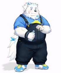 Rule 34 | 1boy, alternate costume, animal ears, bandaid, bara, belly, blue fur, bulge, dog boy, dog ears, fat, fat man, furry, furry male, highres, light blush, live a hero, looking at viewer, male focus, multicolored hair, nyaoru (ruoain), overalls, shoes, sneakers, solo, standing, streaked hair, thick eyebrows, white fur, yohack