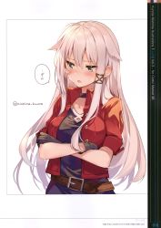 Rule 34 | 1girl, absurdres, belt, copyright request, crossed arms, gloves, highres, jacket, long hair, mishima kurone, red jacket, shy, silver hair