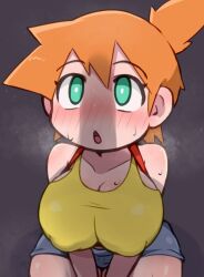 Rule 34 | 1girl, adapted costume, asymmetrical hair, bare legs, blush, breast slip, breasts, cleavage, covered erect nipples, cowboy shot, creatures (company), crop top, game freak, green eyes, gym leader, large breasts, legs, looking at viewer, misty (pokemon), miyazero, nintendo, nipples, open mouth, orange hair, penis shadow, pokemon, pokemon (anime), pokemon (classic anime), ponytail, shirt, short hair, side ponytail, simple background, smile, solo, suspenders, tank top, upper body, white background, yellow shirt, yellow tank top