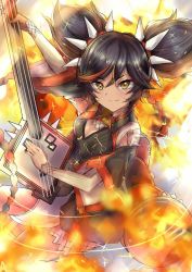 Rule 34 | 1girl, black hair, braid, breasts, brown eyes, cleavage, dark-skinned female, dark skin, fire, genshin impact, holding, holding instrument, instrument, karappo (poket12), looking at viewer, small breasts, smile, solo, spikes, twintails, v-shaped eyebrows, xinyan (genshin impact)
