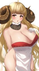 Rule 34 | 1girl, absurdres, ahoge, akagane mic, anila (granblue fantasy), arm behind back, bare shoulders, blush, breasts, chestnut mouth, cleavage, curled horns, curvy, detached collar, draph, gloves, granblue fantasy, groin, highres, hikimayu, horns, huge breasts, no panties, pelvic curtain, simple background, solo, white background, white gloves, yellow eyes