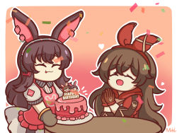 Rule 34 | 2girls, alternate costume, amber (genshin impact), animal ears, april (arknights), apron, arknights, birthday cake, border, brown gloves, brown hair, cake, closed eyes, confetti, crossed bangs, crossover, english text, food, genshin impact, gloves, hair between eyes, hair ribbon, highres, long hair, look-alike, mii (sedaprasa), multiple girls, open mouth, oven mitts, own hands together, pink apron, rabbit ears, red ribbon, ribbon, table, tongue, tongue out, white border, wooden table