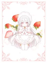 Rule 34 | 1girl, apron, bad id, bad pixiv id, blush, bow, chibi, closed mouth, commentary, dress, flower, food, frilled apron, frills, fruit, gloves, grey hair, hair between eyes, interlocked fingers, looking at viewer, mattang, original, own hands clasped, own hands together, pink footwear, puffy short sleeves, puffy sleeves, red eyes, short sleeves, smile, solo, strawberry, strawberry blossoms, striped, striped bow, symbol-only commentary, thighhighs, waist apron, white apron, white bow, white dress, white flower, white gloves, white thighhighs