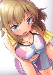 Rule 34 | 10s, 1girl, bare shoulders, bike shorts, blue eyes, breasts, brown hair, cleavage, covered erect nipples, gundam, gundam build fighters, gundam build fighters try, hoshino fumina, large breasts, midriff, navel, neo-masterpeacer, solo, sports bra, sweat, towel