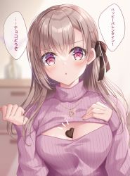 Rule 34 | 1girl, :&lt;, black bow, blurry, blurry background, blush, bow, brown hair, candy, chocolate, chocolate heart, commentary request, depth of field, food, food between breasts, hair between eyes, hair bow, hands up, heart, highres, kohinata hoshimi, long hair, long sleeves, looking at viewer, meme attire, open-chest sweater, original, parted lips, purple sweater, red eyes, ribbed sweater, sleeves past wrists, solo, sweater, translation request, triangle mouth, turtleneck, turtleneck sweater, upper body