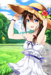 Rule 34 | 10s, 1girl, alternate costume, bare shoulders, blue eyes, blurry, braid, brown hair, casual, day, depth of field, dress, hair flaps, hair ornament, hair over shoulder, hair ribbon, hairclip, hat, highres, kantai collection, looking at viewer, nyum, open mouth, outdoors, ribbon, shigure (kancolle), shigure kai ni (kancolle), single braid, solo, strap slip, straw hat, sundress, tress ribbon, upper body, white dress, wrist ribbon