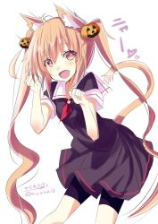 Rule 34 | 10s, 1girl, ahoge, animal ears, black serafuku, black skirt, blonde hair, blush, cat ears, cowboy shot, eyebrows, fang, food-themed hair ornament, hair between eyes, hair ornament, heart, highres, hizaka, kantai collection, long hair, looking at viewer, murasame (kancolle), neckerchief, open mouth, paw pose, pleated skirt, pumpkin hair ornament, red eyes, red neckerchief, school uniform, serafuku, short sleeves, shorts, shorts under skirt, simple background, skirt, smile, solo, twintails, twitter username, very long hair, white background