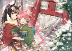 Rule 34 | 2girls, animal ears, architecture, bandaid, black hair, blue eyes, cat ears, cat tail, collarbone, crossed bandaids, east asian architecture, fang, floral print, flower, green kimono, hair flower, hair ornament, heterochromia, holding hands, ichijou kokona, japanese clothes, kimono, long hair, looking at viewer, midorikawa you, multiple girls, obi, off shoulder, open mouth, original, pink hair, ponytail, purple eyes, red eyes, red kimono, sash, smile, snow, snowing, stairs, tail, torii, wide sleeves