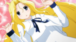 Rule 34 | 1girl, blonde hair, blue eyes, long hair, long sleeves, looking at viewer, ryuumonbuchi touka, saki (manga), school uniform, solo, upper body, very long hair, wavy hair
