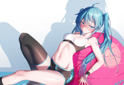 Rule 34 | 1girl, ahoge, alternate costume, aqua hair, arched back, armpits, artist name, ball, bare arms, bare shoulders, black shorts, black thighhighs, blue eyes, blush, breasts, chinese commentary, cleavage, closed mouth, commentary, feet out of frame, frown, hair ribbon, hatsune miku, highres, knee up, looking at viewer, navel, nose blush, number tattoo, qys3, revision, ribbon, shadow, short shorts, shorts, shoulder tattoo, single thighhigh, small breasts, solo, sports bra, stomach, sweatband, tattoo, thighhighs, toned, twintails, vocaloid