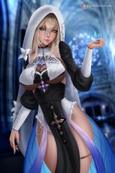Rule 34 | 1girl, aponia (honkai impact), arduina (arduin art), blonde hair, blue eyes, breast curtain, breasts, bug, butterfly, church, detached sleeves, dress, headdress, highres, honkai (series), hood, indoors, insect, large breasts, lips, long sleeves, looking at viewer, nun, pelvic curtain, red lips, solo, stained glass, thighs