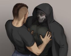 Rule 34 | 2boys, 5i2, back, bara, black hair, black shirt, blue pants, call of duty, call of duty: modern warfare 2, facepaint, ghost (modern warfare 2), grey background, hands on another&#039;s chest, highres, hood, hood up, hooded jacket, jacket, large pectorals, male focus, mask, multiple boys, muscular, muscular male, open clothes, open jacket, pants, pectorals, shirt, short hair, simple background, skull mask, soap (modern warfare 2), twitter username, yaoi