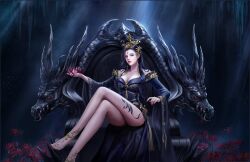 Rule 34 | 1girl, absurdres, against the gods, bare legs, bare shoulders, barefoot, black hair, blue eyes, breasts, chi wuyao (against the gods), cleavage, dragon, earrings, facial mark, flower, forehead mark, hair ornament, highres, jewelry, large breasts, long hair, medium breasts, official art, red nails, sitting, tattoo, throne