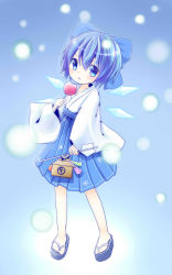 Rule 34 | 1girl, absurdres, alternate costume, blue eyes, blue hair, candy apple, choko (mixberry parfait), cirno, highres, ice, ice wings, japanese clothes, long sleeves, matching hair/eyes, miko, sandals, short hair, skirt, snow, solo, touhou, wide sleeves, wings