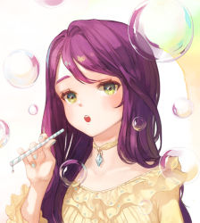 Rule 34 | 1girl, blue nails, bubble, blowing bubbles, commentary, dress, english commentary, frilled dress, frills, green eyes, hand up, holding, jewelry, kuzel (bonolangje), long hair, nail polish, necklace, open mouth, original, purple hair, solo, teeth, upper body, upper teeth only, white background, yellow dress