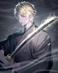 Rule 34 | 1boy, absurdres, bata000e, black kimono, blonde hair, closed mouth, commentary request, gradient hair, grey background, hair between eyes, highres, holding, holding sword, holding weapon, japanese clothes, katana, kimono, light particles, long sleeves, looking at viewer, male focus, mole, mole on neck, multicolored hair, nijisanji, nijisanji en, obi, purple eyes, sash, short hair, smoke, solo, sonny brisko, striped, striped sash, sword, virtual youtuber, weapon, white hair, white sash, wide sleeves