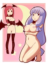 Rule 34 | 2girls, barefoot, bat wings, blush, boots, border, breasts, censored, collar, corset, crescent, covered erect nipples, female focus, head wings, heart, heart censor, highres, inverted nipples, koakuma, large breasts, long hair, maru-sun, multiple girls, navel, nipples, nude, patchouli knowledge, pink background, purple eyes, purple hair, pussy, red hair, star (symbol), sweatdrop, embodiment of scarlet devil, thigh boots, thighhighs, tongue, tongue out, touhou, wings