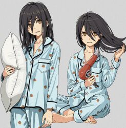 Rule 34 | 1girl, absurdres, barefoot, black hair, breast pocket, casual, chainsaw man, crossed legs, dress, hair between eyes, hair dryer, hair over one eye, highres, holding, holding pillow, looking at viewer, medium hair, nayuta (chainsaw man), pajamas, pillow, pochita (chainsaw man), pocket, print dress, ringed eyes, shiren (ourboy83), shirt, simple background, sleepwear, solo, white background, yellow eyes