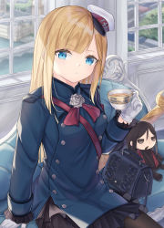 Rule 34 | 1girl, :o, bag, beret, black bag, black pantyhose, black skirt, blonde hair, blue eyes, blue jacket, blush, breasts, character doll, closed mouth, commentary request, cup, fate/grand order, fate (series), flower, gloves, grey flower, hat, highres, holding, jacket, long hair, long sleeves, looking at viewer, lord el-melloi ii case files, medium breasts, nattsu (nattu888 8), outdoors, pantyhose, parted lips, pleated skirt, red ribbon, reines el-melloi archisorte, ribbon, sitting, skirt, solo, teacup, teeth, waver velvet, white gloves, white hat, window