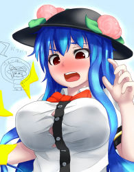 Rule 34 | 2girls, alternate breast size, blue hair, blush, bow, breast expansion, breasts, bursting breasts, female focus, food, fruit, hat, hat bow, highres, hinanawi tenshi, huge breasts, leaf, long hair, multiple girls, nagae iku, open mouth, peach, peso (cheese company), red eyes, ringed eyes, shawl, short hair, short sleeves, surprised, touhou, very long hair